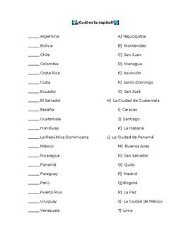 Capitals Of Spanish Speaking Countries Matching By Carlota S Tpt