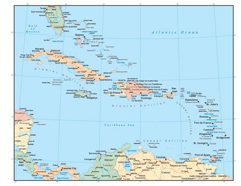 Caribbean Map With Countries Cities And Roads