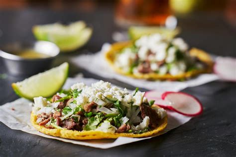 Carne Asada Mexican Tacos With Crumbled Queso Fresco Cheese Stock Photo