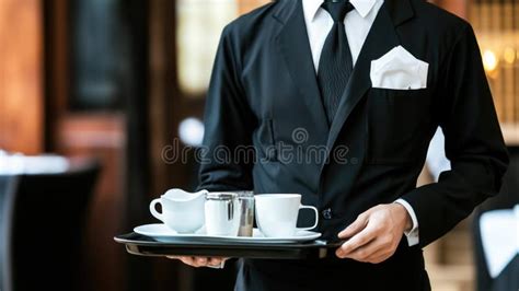 Caucasian Adult Man Waiter Holding Tray With Coffee And Creamer In Caucasian Adult Man Waiter Holding Tray With Coffee And Creamer In