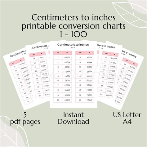 Centimeters To Inches Conversion Chart 1 Page Table 1 100 Cm To Inch