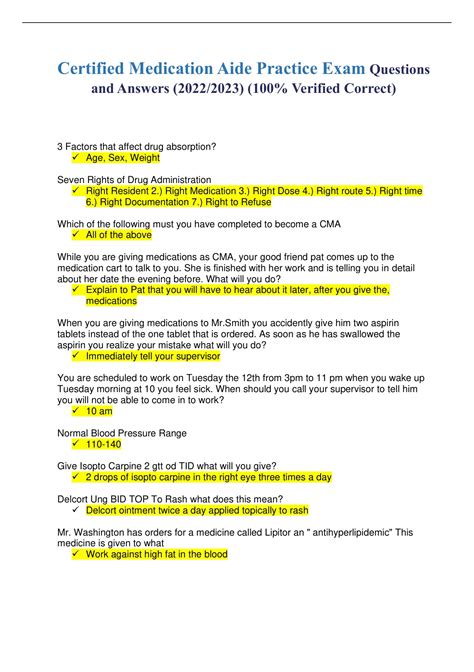 Certified Medication Aide Practice Exam 2022 2023 Q A Browsegrades