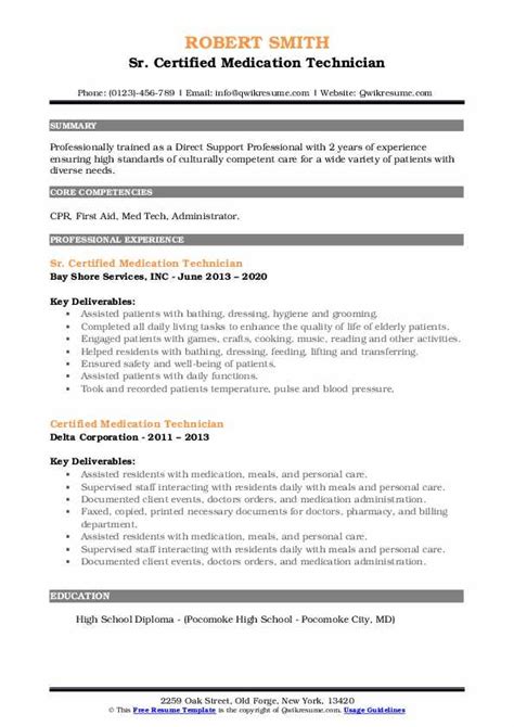 Certified Medication Technician Resume Samples Qwikresume