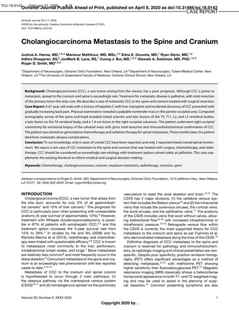 Cholangiocarcinoma Metastasis To The Spine And Cranium Ochsner Journal