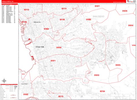 Chula Vista California Zip Code Wall Map Red Line Style By Marketmaps Mapsales