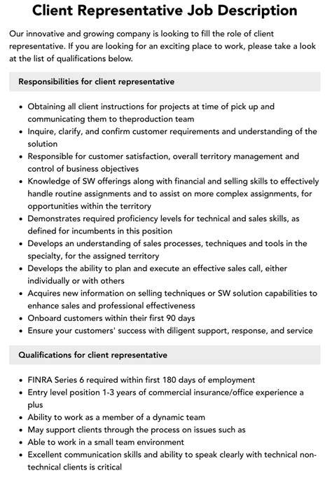 Client Representative Job Description Velvet Jobs