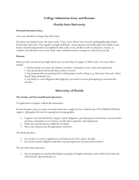 College Admissions Essay And Resume Florida State University