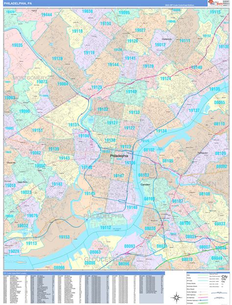 Colorcast Zip Code Style Wall Map Of Philadelphia Pa By Market Maps