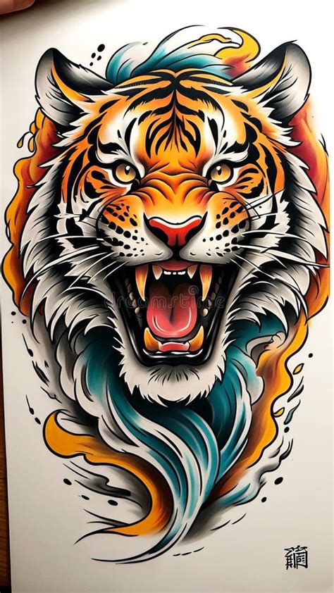 Colorful Tattoo Style Tiger Illustration With Flaming Mane And Intense