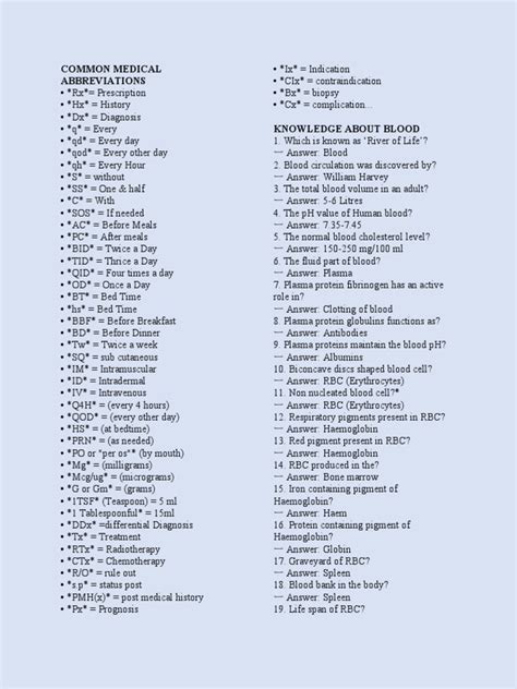 Common Medical Abbreviations Pdf White Blood Cell Red Blood Cell