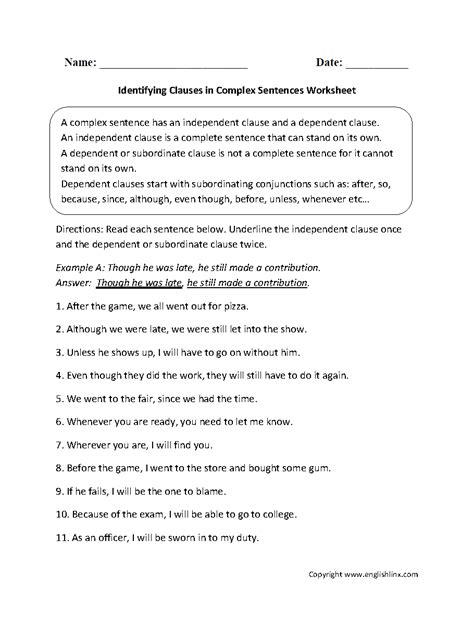 Complex Sentences Worksheets Identifying Clauses In Complex Sentences