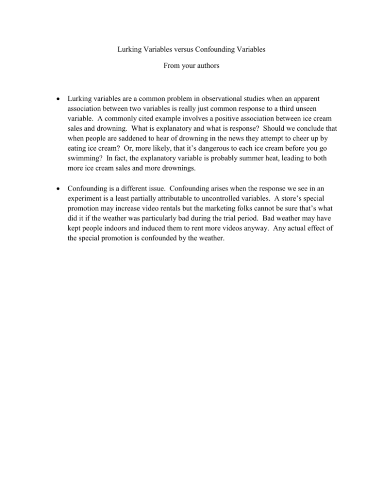 Confounding Vs Lurking Variable Confounding Vs Lurking Variable