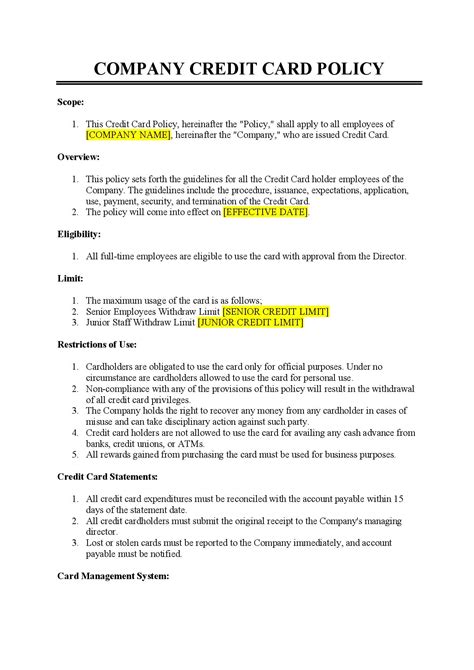Corporate Credit Card Agreement Template