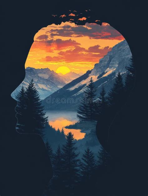 Creative Profile Silhouette With Pine Woods And Sunrise Over Mountains Reflects Natures Beauty And Serenity In A Stock Image Image Of Creativity Sunrise 373989887