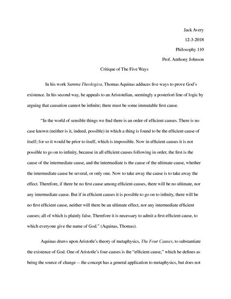 Critique Of Aquinas S Five Ways Jack Avery Philosophy 110 Prof