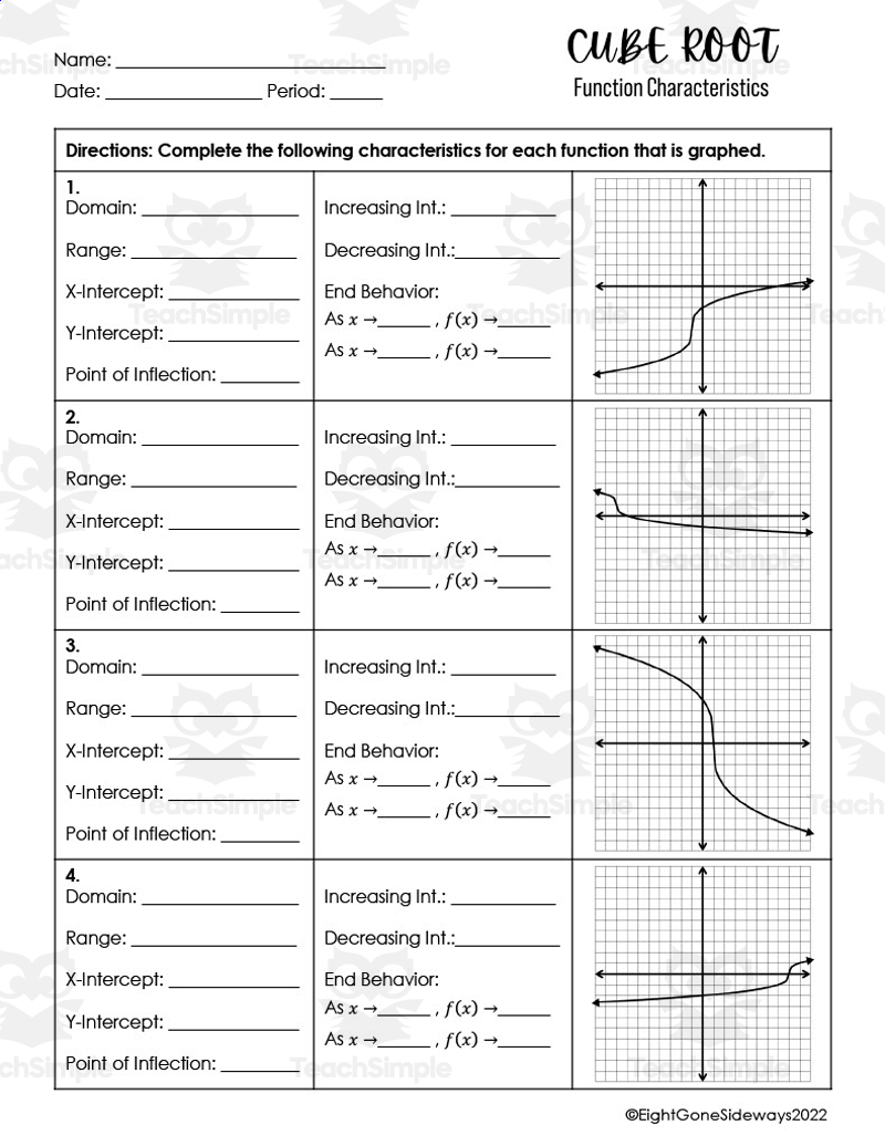 Cube Root Function Characteristics Worksheet By Teach Simple
