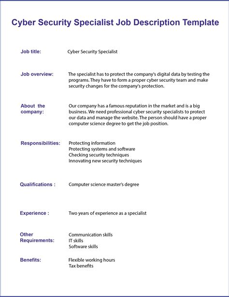 Cyber Security Specialist Job Description Template 2025