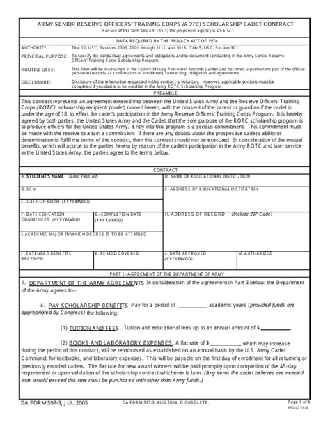 Da Form 597 3 Army Senior Reserve Officers Training Corps Rotc