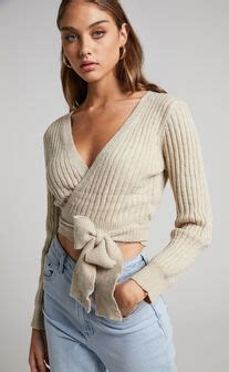 Danika Top Long Sleeve Knit Wrap Top In Beige Showpo