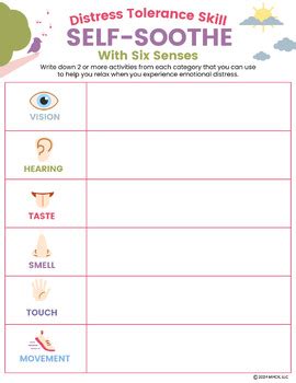 Dbt Self Soothe With 6 Senses Worksheet 3 Pgs Distress Tolerance Dbt Skills