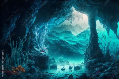 Deep Blue Frozen Crystal Cave System Under The Sea With Ice Pillars