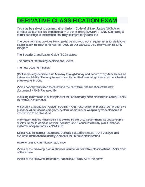 Derivative Classification Exam Exams Law Docsity