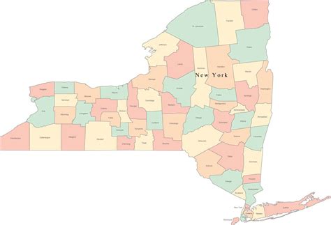 Digital Ny Map With Counties County Names Multi Color