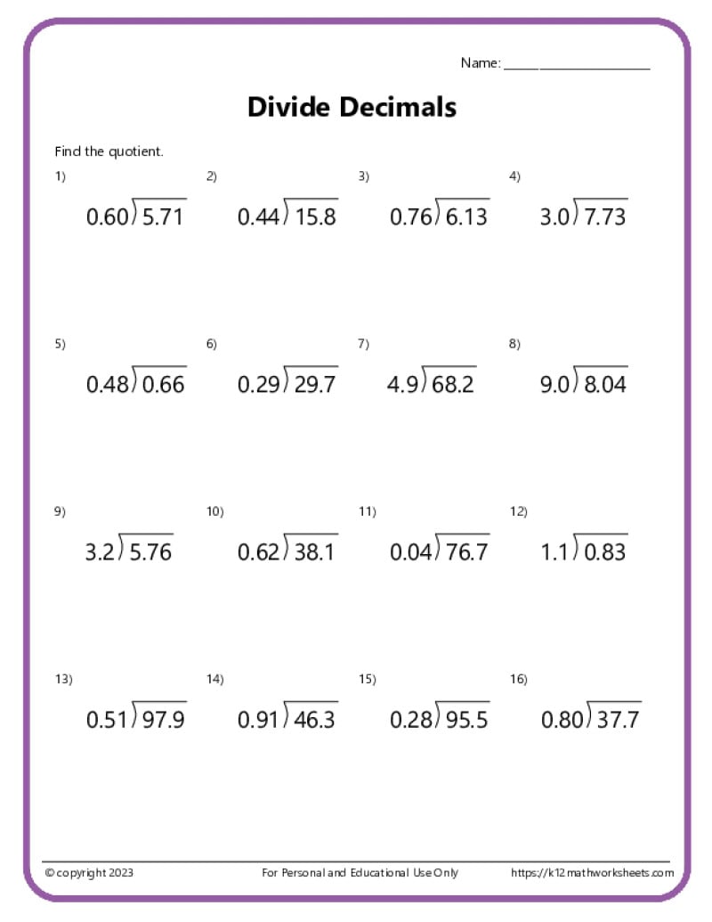Dividing Decimals By Decimals Worksheet With Answers Printable