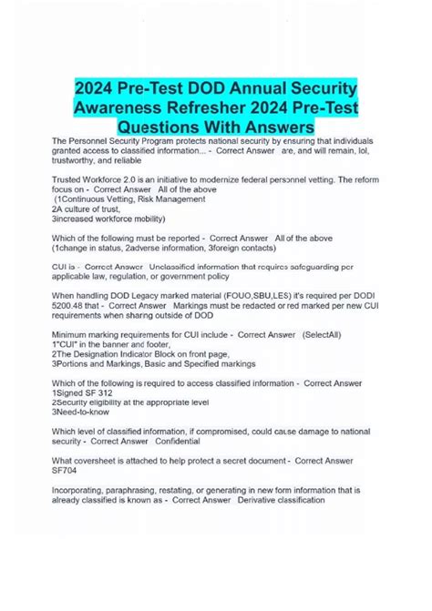 Dod Annual Security Awareness Refresher Training Pre Test An Dod Annual Security Awareness Refresher Training Pre Test An