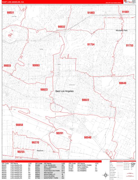 East Los Angeles California Zip Code Wall Map Basic Style By Marketmaps Mapsales
