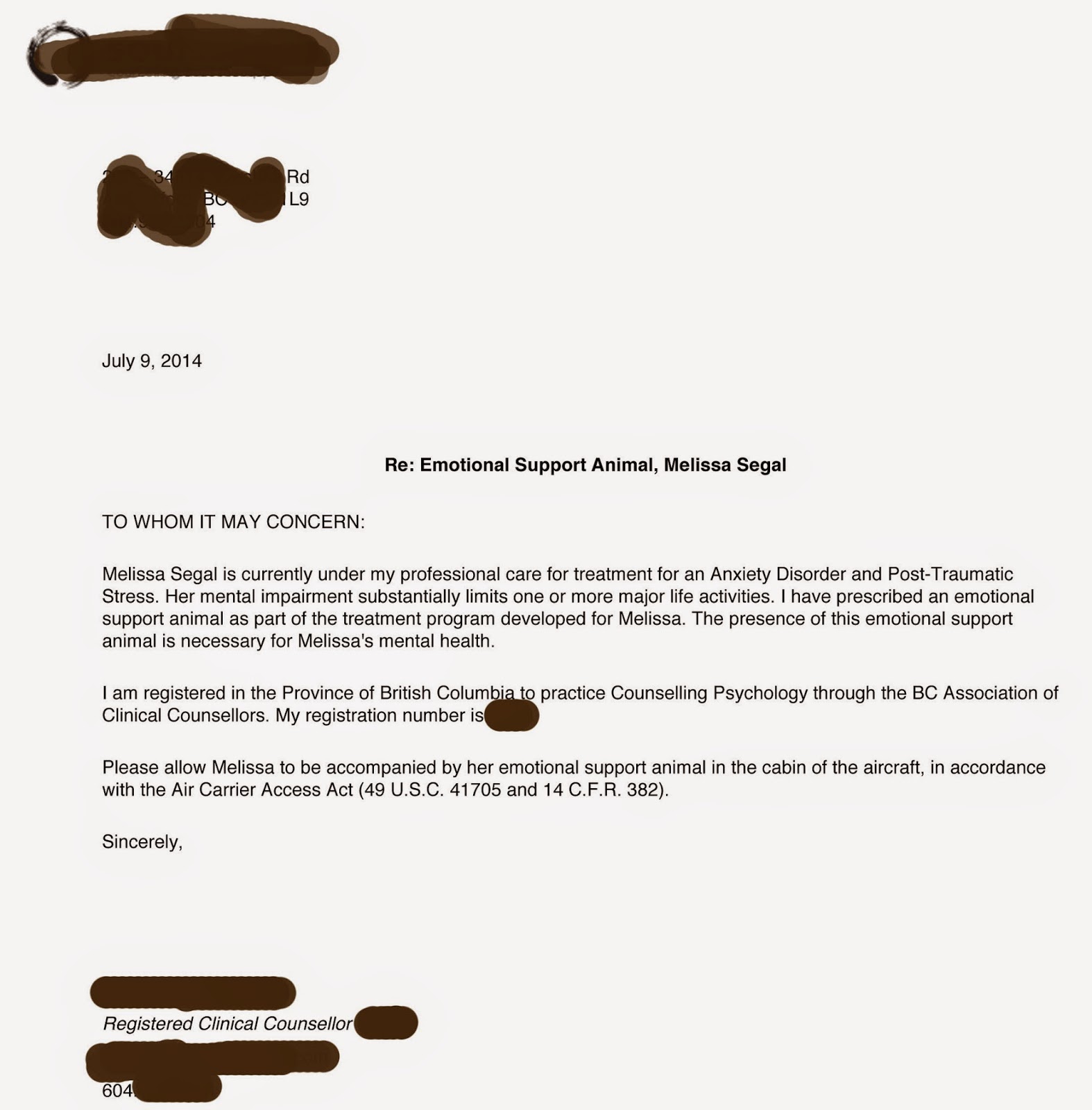 Emotional Support Animal Letter Template