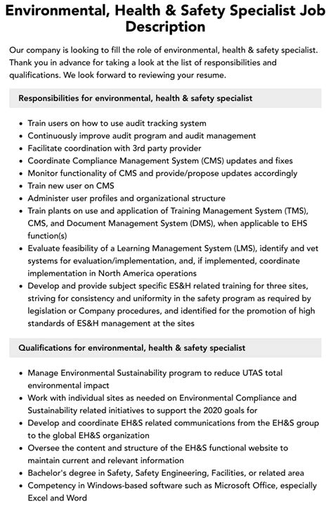 Environmental Health Amp Safety Specialist Job Description Velvet Jobs