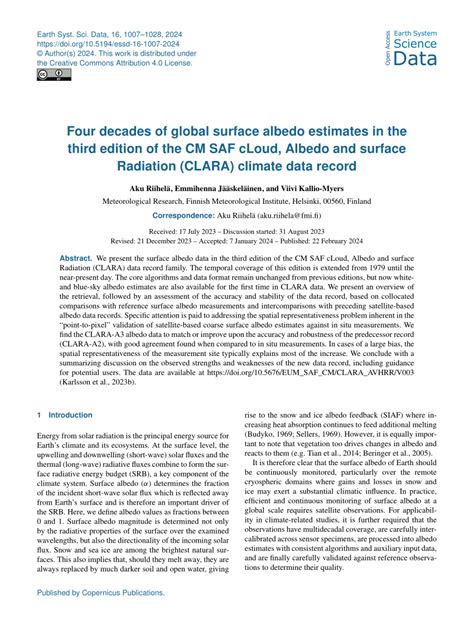 Essd Four Decades Of Global Surface Albedo Estimates In The Third Edition Of The Cm Saf Cloud Albedo And Surface Radiation Clara Climate Data Record