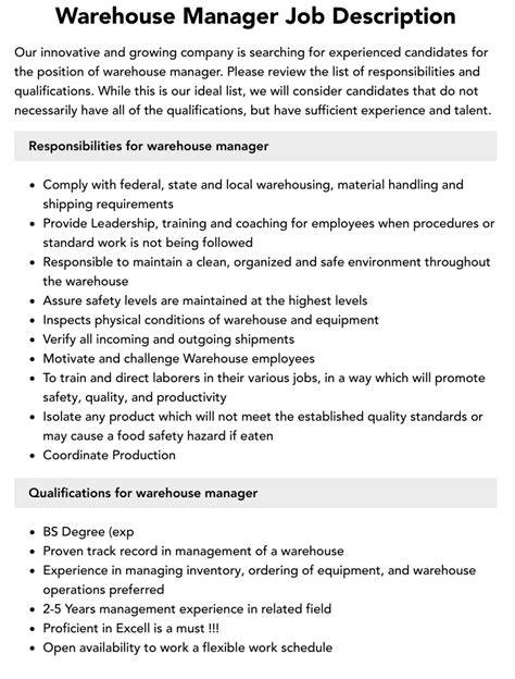Explore Our Sample Of Warehouse Manager Job Description Template In
