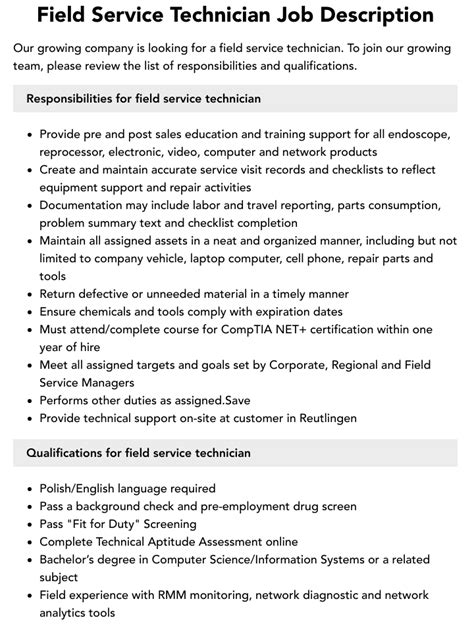 Field Service Technician Job Description Jobsoid