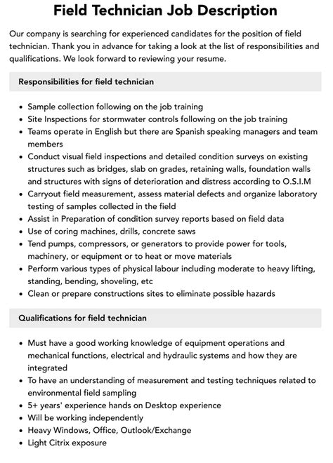 Field Services Technician Job Description Velvet Jobs