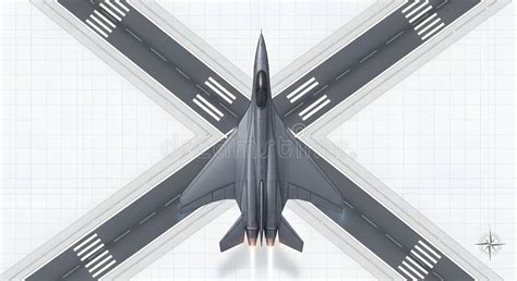 Fighter Jet On Intersecting Runways With White Background And Compass