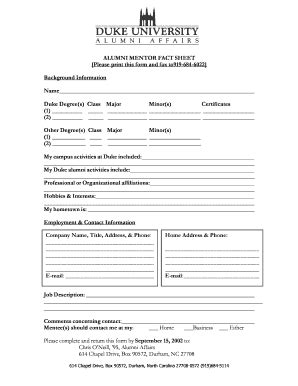 Fillable Online Duke Alumni Mentor Fact Sheet Please Print This Form