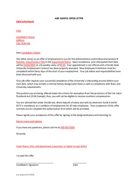 Fillable Online Hr Fsu A P Sample Offer Letter Add Letterhead