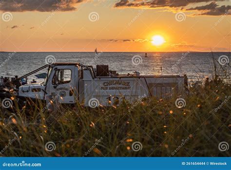 Fire Engine Parked Near A Beach At Sunset Editorial Stock Image Image