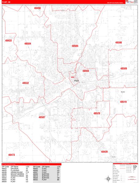 Flint Michigan Zip Code Wall Map Red Line Style By Marketmaps Mapsales