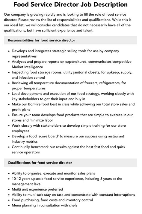Food Service Director Job Description Taptalent
