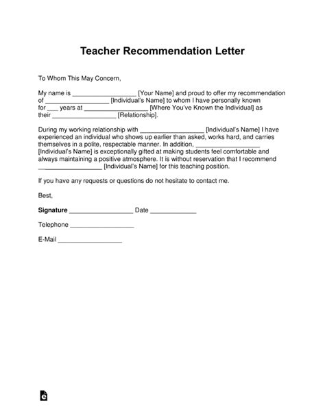 Free 8 Sample Teacher Recommendation Letter Templates In Ms Word Pdf