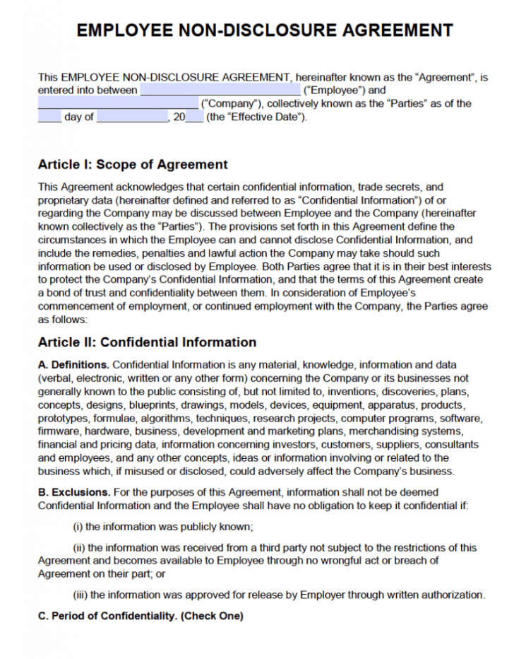 Free Employee Non Disclosure Agreement Template Pdf Word