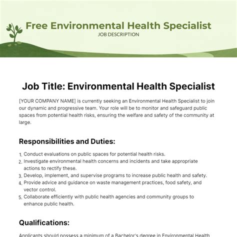 Free Environmental Health Specialist Job Description Template To Edit