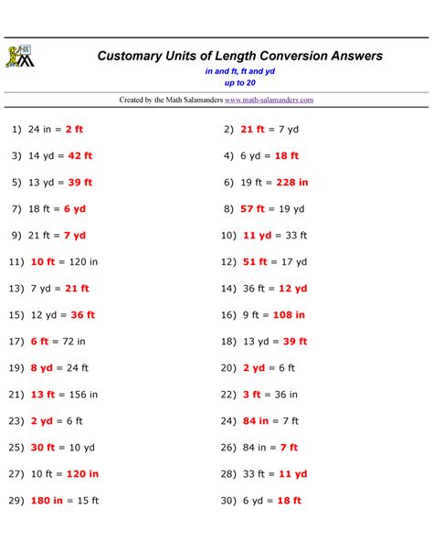 Free Math Sheets Converting Customary Units