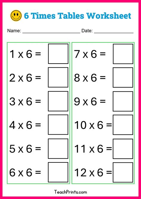 Free Six Times Tables Worksheets 8 Versions Teach Prints