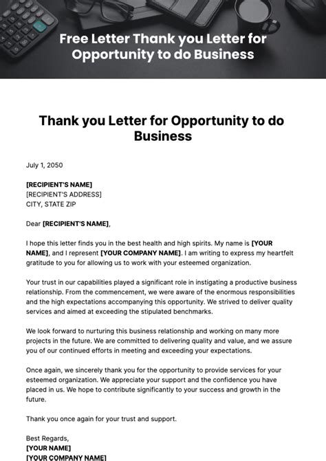 Free Thank You Letter For Opportunity To Do Business Template To Edit Online