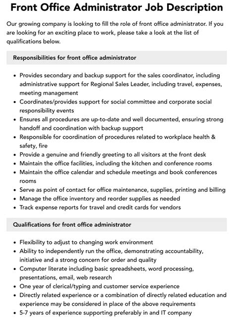 Front Office Administrator Job Description Velvet Jobs