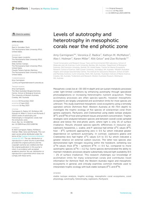 Frontiers Levels Of Autotrophy And Heterotrophy In Mesophotic Corals Near The End Photic Zone Frontiers Levels Of Autotrophy And Heterotrophy In Mesophotic Corals Near The End Photic Zone